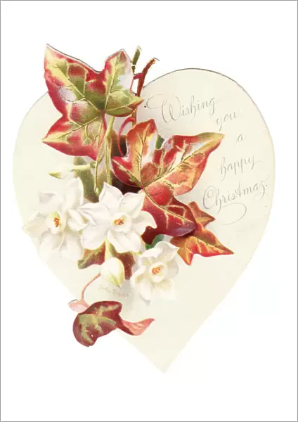 Christmas card with autumn leaves and white flowers
