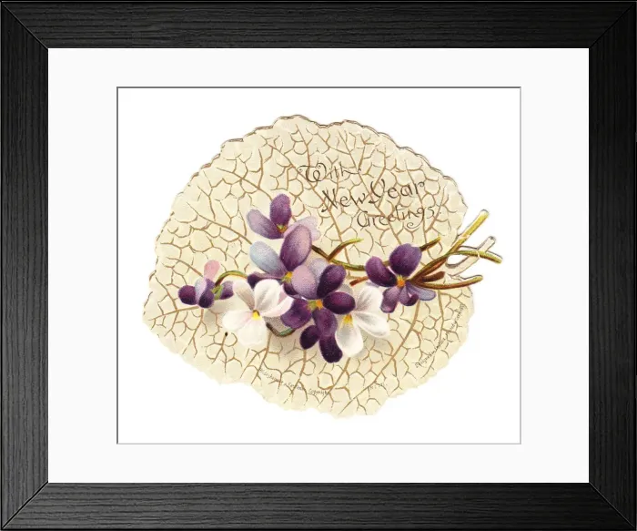 Framed Print : New Year card in the shape of a white leaf with violets Framed Print : New Year card in the shape of a white leaf with violets