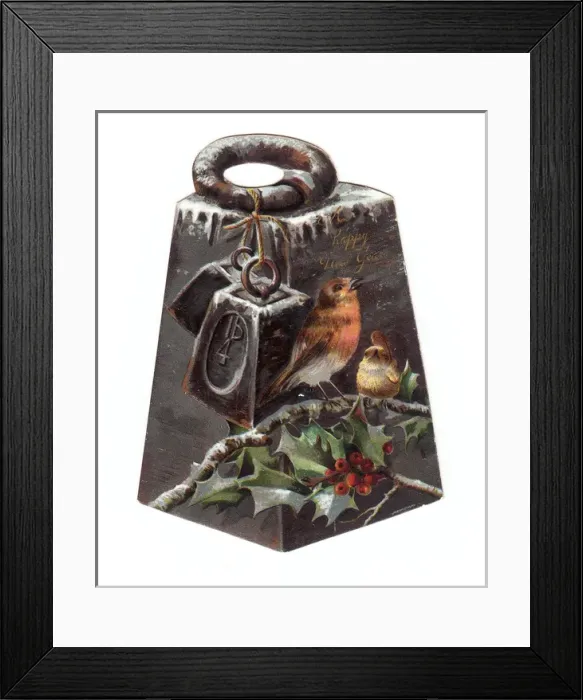 Framed Print : Four pound weight with robins on a New Year card Framed Print : Four pound weight with robins on a New Year card