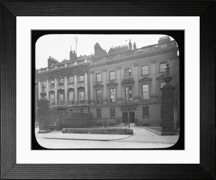 Framed Print : B. P (?). B.P (?) - Tall buildings, square windows - set back from street behind railings Framed Print : B. P (?). B.P (?) - Tall buildings, square windows - set back from street behind railings