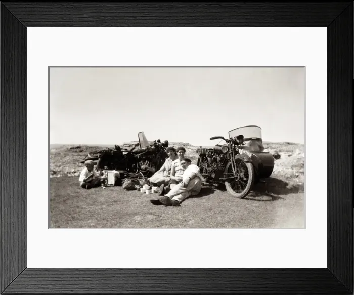 Framed Print : Man with women beside their 1924 Coventry Eagle motorcycles Framed Print : Man with women beside their 1924 Coventry Eagle motorcycles