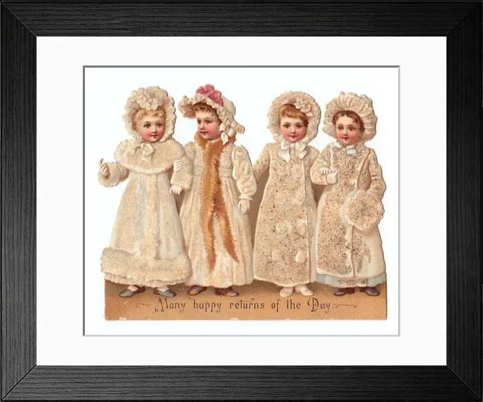 Framed Print : Four children on a cutout birthday card Framed Print : Four children on a cutout birthday card