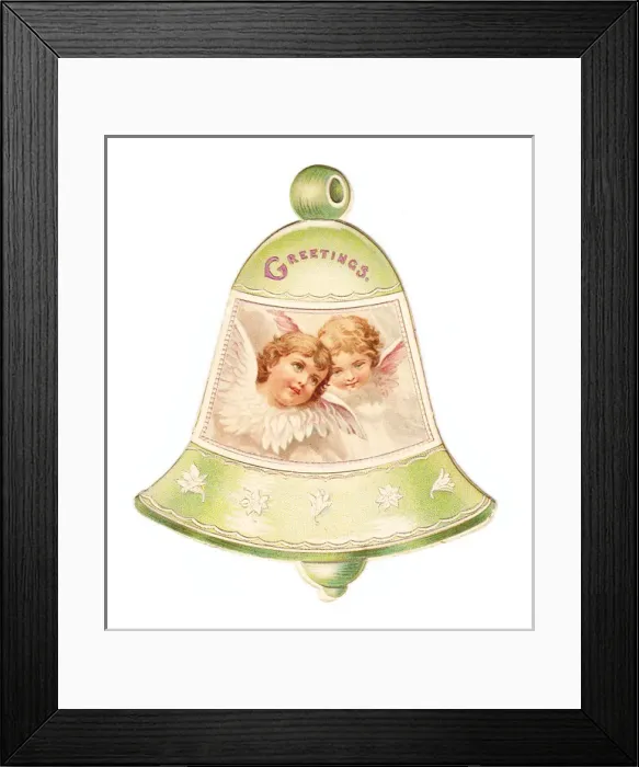 Framed Print : Christmas card in the shape of a bell with cherubs Framed Print : Christmas card in the shape of a bell with cherubs