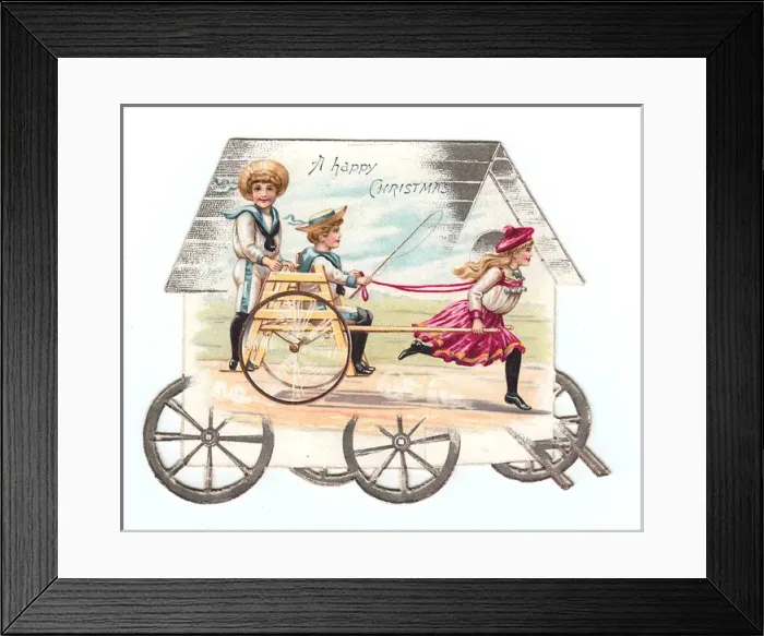 Framed Print : Children on a bathing hut-shaped Christmas card Framed Print : Children on a bathing hut-shaped Christmas card