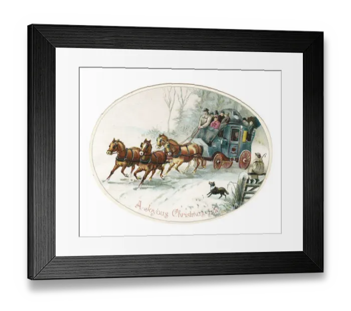Framed Print : Stagecoach and horses on an oval Christmas card Framed Print : Stagecoach and horses on an oval Christmas card