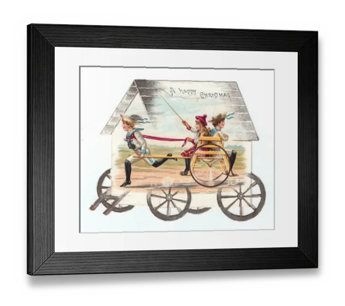 Framed Print : Children on a bathing hut-shaped Christmas card Framed Print : Children on a bathing hut-shaped Christmas card