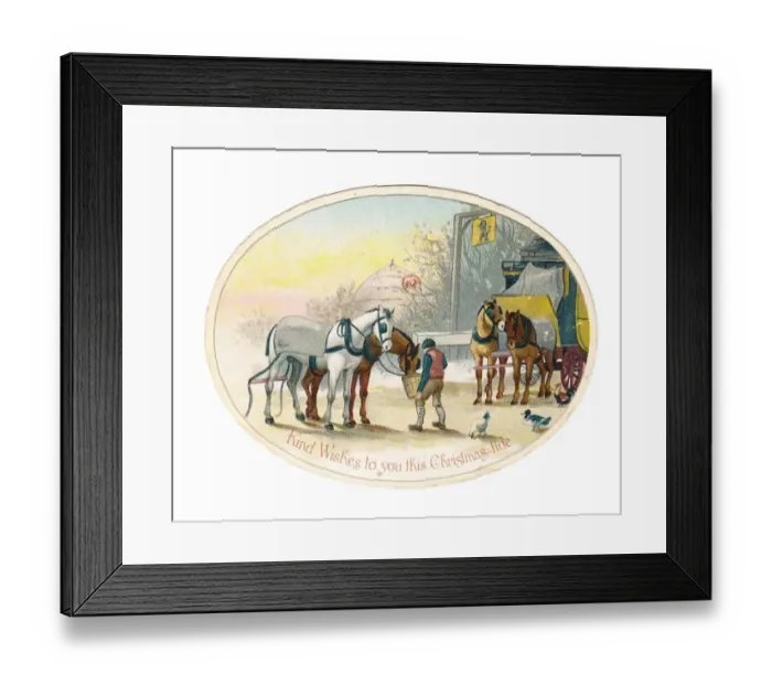 Framed Print : Stagecoach at a wayside inn on an oval Christmas card Framed Print : Stagecoach at a wayside inn on an oval Christmas card