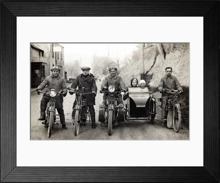 Framed Print : Four bikers & children on motorcycles, including Royal Enfie Framed Print : Four bikers & children on motorcycles, including Royal Enfie