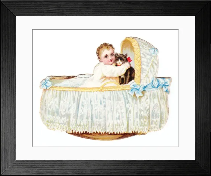 Framed Print : Baby and cat in a cradle on a cutout greetings card Framed Print : Baby and cat in a cradle on a cutout greetings card