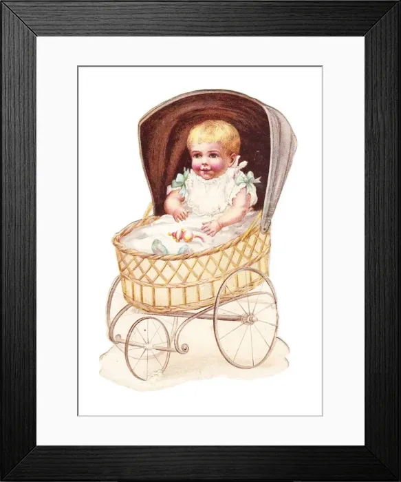 Framed Print : Baby in wickerwork pram on a cutout greetings card Framed Print : Baby in wickerwork pram on a cutout greetings card