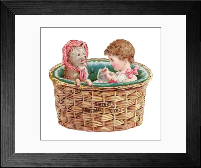Framed Print : Girl and dog in a basket on a cutout Christmas card Framed Print : Girl and dog in a basket on a cutout Christmas card