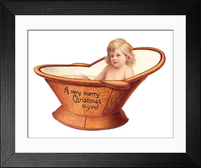 Framed Print : Baby in a hip bath on a cutout Christmas card Framed Print : Baby in a hip bath on a cutout Christmas card