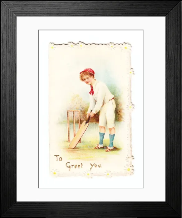 Framed Print : Boy playing cricket on a greetings card