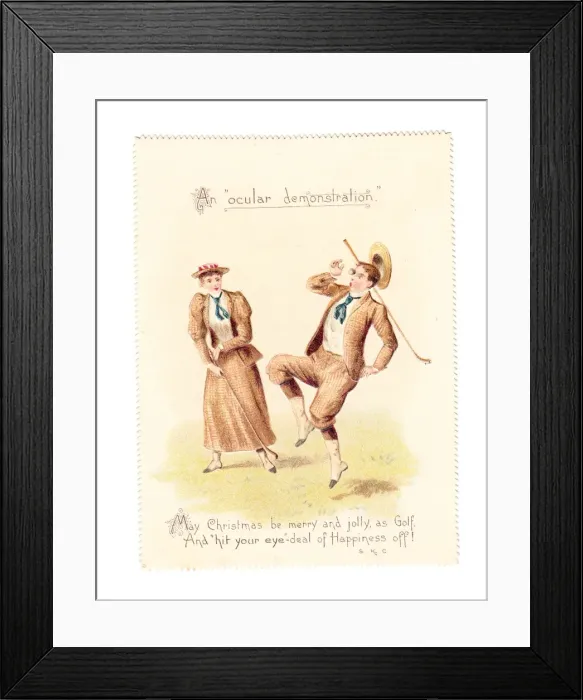 Framed Print : Golfing couple on a comic Christmas card Framed Print : Golfing couple on a comic Christmas card