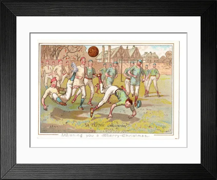 Framed Print : Boys playing football on a Christmas card Framed Print : Boys playing football on a Christmas card