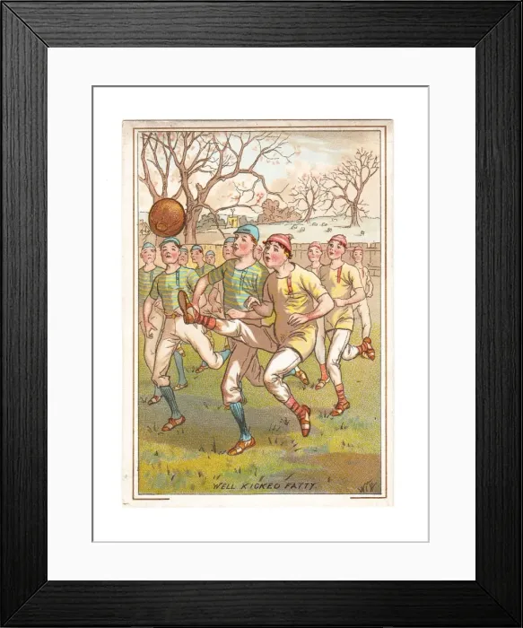 Framed Print : Boys playing football on a greetings card Framed Print : Boys playing football on a greetings card