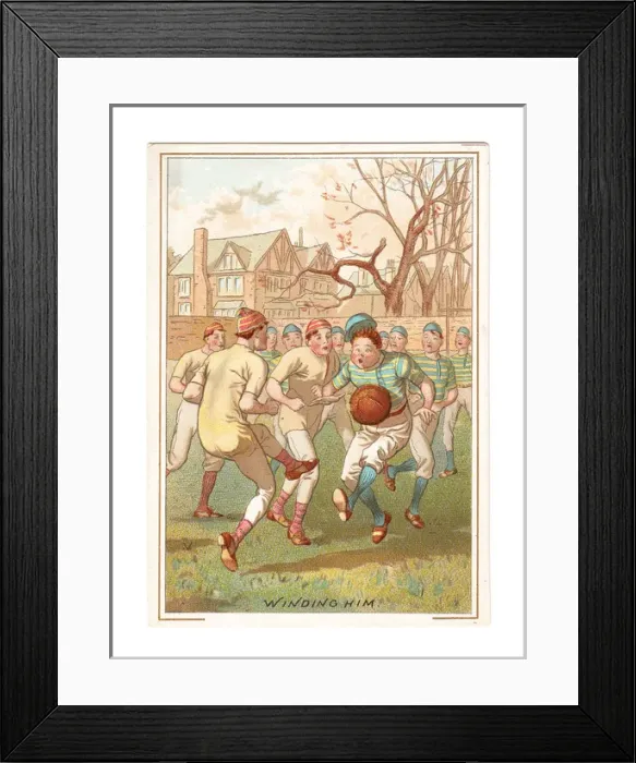 Framed Print : Boys playing football on a greetings card Framed Print : Boys playing football on a greetings card