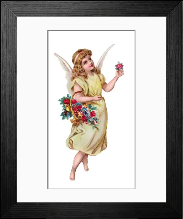 Framed Print : Angel with basket of flowers on a Victorian scrap Framed Print : Angel with basket of flowers on a Victorian scrap