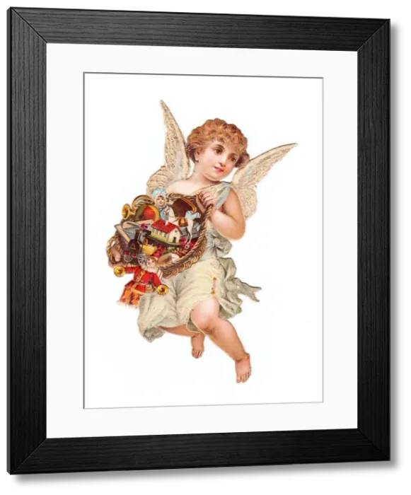Framed Print : Angel with basket of toys on a Victorian Christmas scrap Framed Print : Angel with basket of toys on a Victorian Christmas scrap