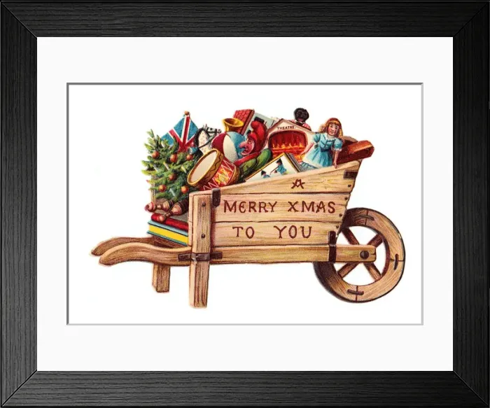 Framed Print : Toys in a wheelbarrow on a cutout Christmas card Framed Print : Toys in a wheelbarrow on a cutout Christmas card