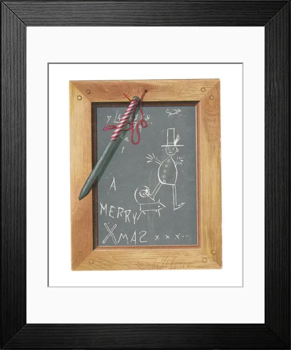 Framed Print : Childs slate with pen and scribbles on a Christmas card Framed Print : Childs slate with pen and scribbles on a Christmas card