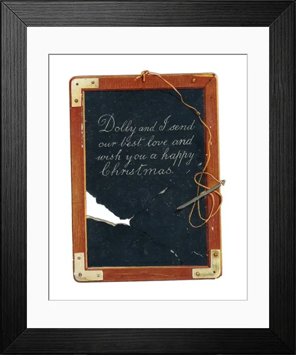 Framed Print : Childs slate with pen and greeting on a Christmas card Framed Print : Childs slate with pen and greeting on a Christmas card