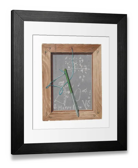 Framed Print : Childs slate with pen and scribbles on a New Year card Framed Print : Childs slate with pen and scribbles on a New Year card