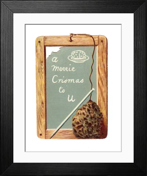 Framed Print : Childs slate with pen and greeting on a Christmas card Framed Print : Childs slate with pen and greeting on a Christmas card