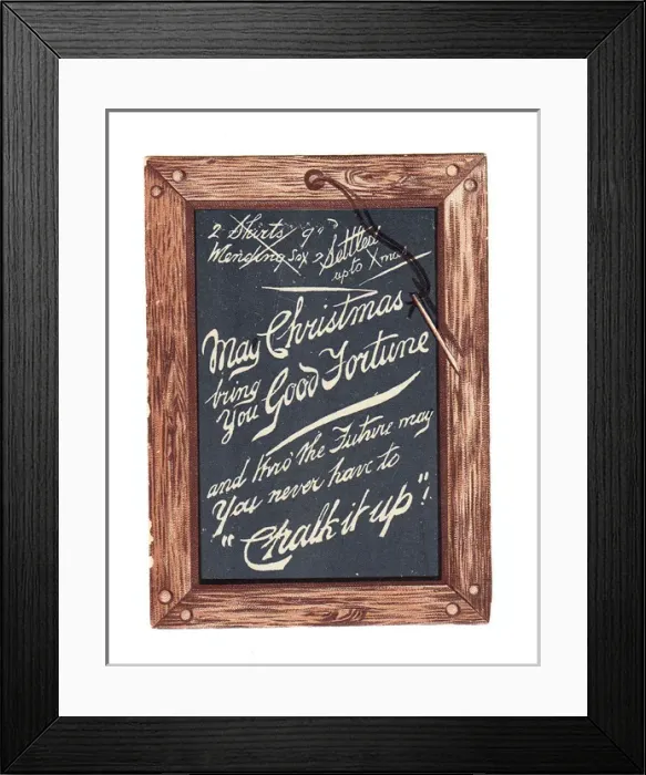Framed Print : Slate with pen and comic greeting on a Christmas card Framed Print : Slate with pen and comic greeting on a Christmas card