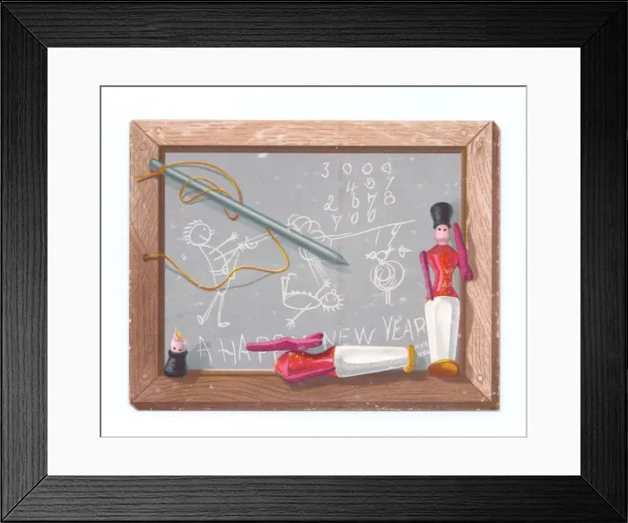 Framed Print : Childs slate with pen and toy soldiers on a New Year card Framed Print : Childs slate with pen and toy soldiers on a New Year card