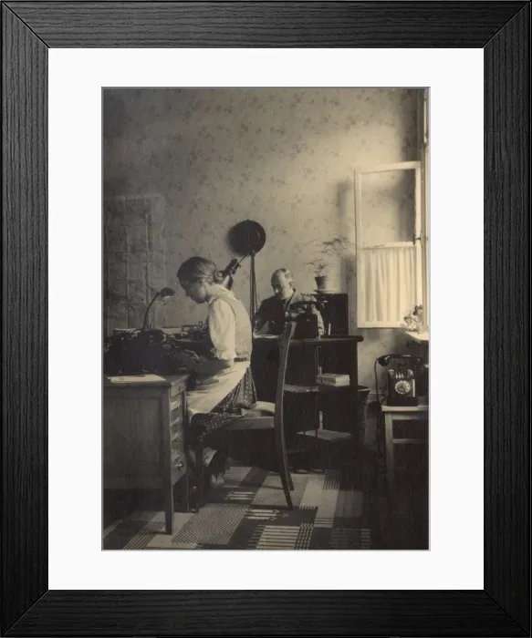 Framed Print : Secretary and soldier in an office, Braunschweig, Germany Framed Print : Secretary and soldier in an office, Braunschweig, Germany