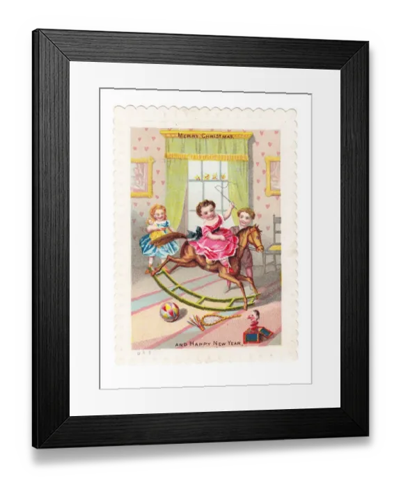 Framed Print : Children with rocking horse on a Christmas card Framed Print : Children with rocking horse on a Christmas card