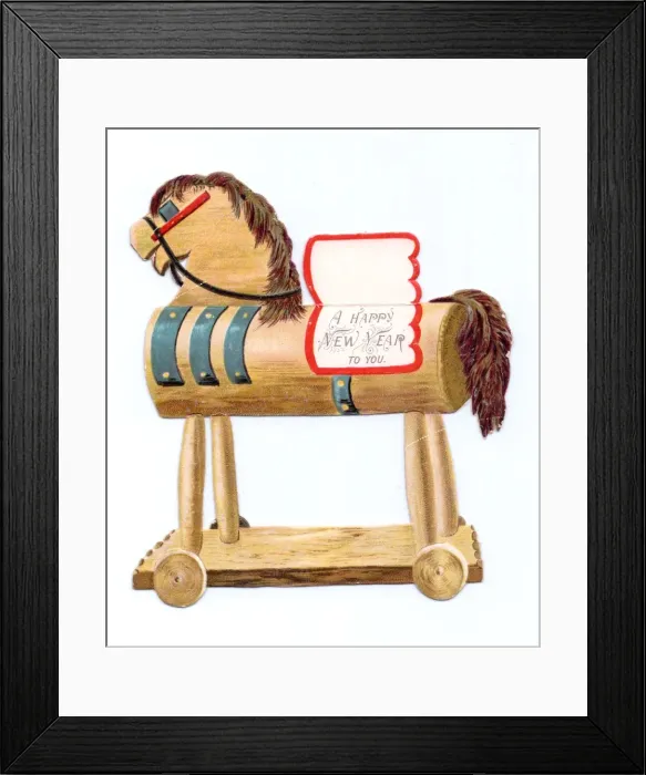 Framed Print : Toy horse on wheels on a cutout New Year card Framed Print : Toy horse on wheels on a cutout New Year card