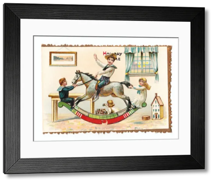 Framed Print : Children with rocking horse on a greetings card Framed Print : Children with rocking horse on a greetings card