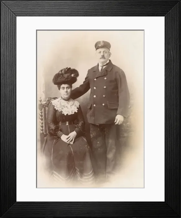 Framed Print : Studio portrait, Customs officer in uniform and wife Framed Print : Studio portrait, Customs officer in uniform and wife