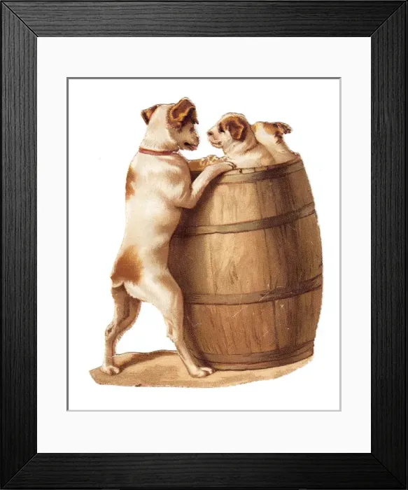 Framed Print : Dog and puppies with barrel on a cutout New Year card Framed Print : Dog and puppies with barrel on a cutout New Year card