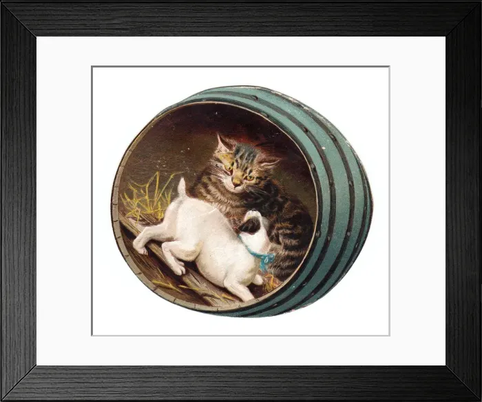 Framed Print : Cat and dog inside a barrel on a cutout Christmas card Framed Print : Cat and dog inside a barrel on a cutout Christmas card