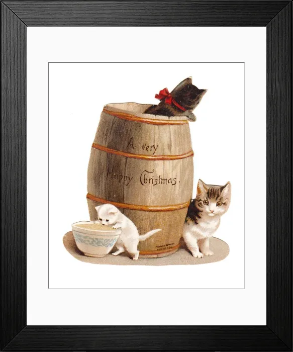 Framed Print : Three kittens with barrel on a cutout Christmas card Framed Print : Three kittens with barrel on a cutout Christmas card