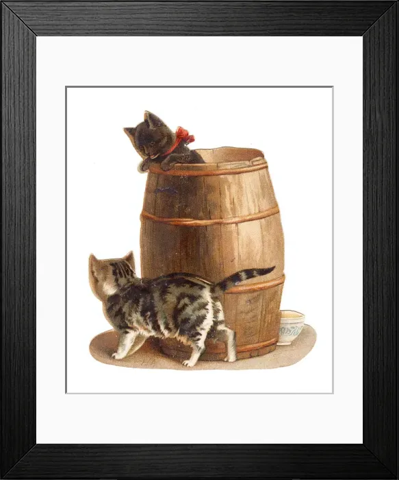 Framed Print : Two kittens with barrel on a cutout Christmas card Framed Print : Two kittens with barrel on a cutout Christmas card