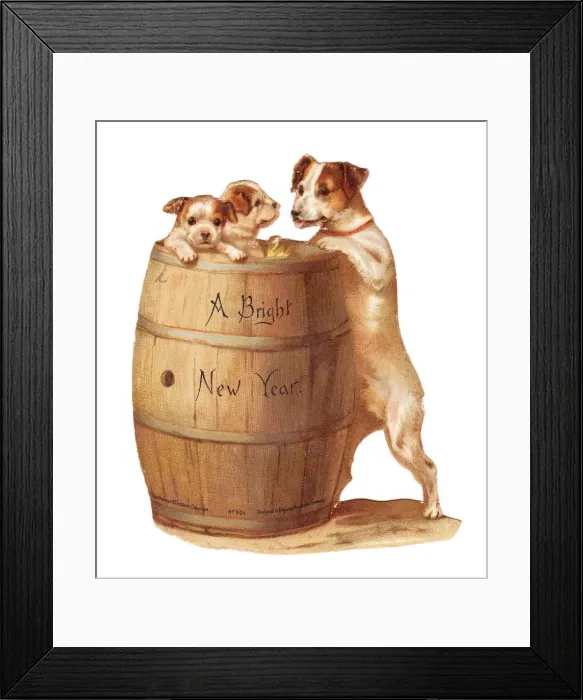 Framed Print : Dog and puppies with barrel on a cutout New Year card Framed Print : Dog and puppies with barrel on a cutout New Year card