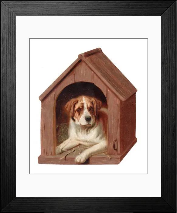 Framed Print : Large dog in its kennel on a Christmas card Framed Print : Large dog in its kennel on a Christmas card