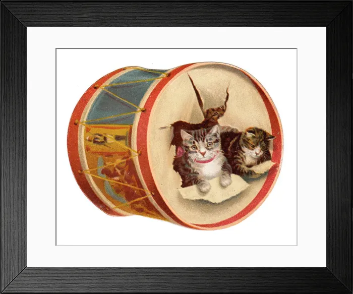 Framed Print : Christmas card in the shape of a drum with cats Framed Print : Christmas card in the shape of a drum with cats