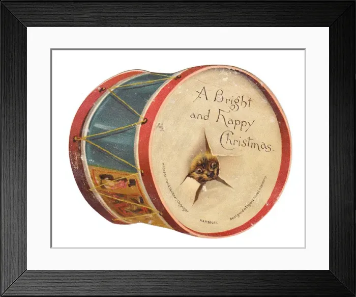Framed Print : Christmas card in the shape of a drum with dog Framed Print : Christmas card in the shape of a drum with dog