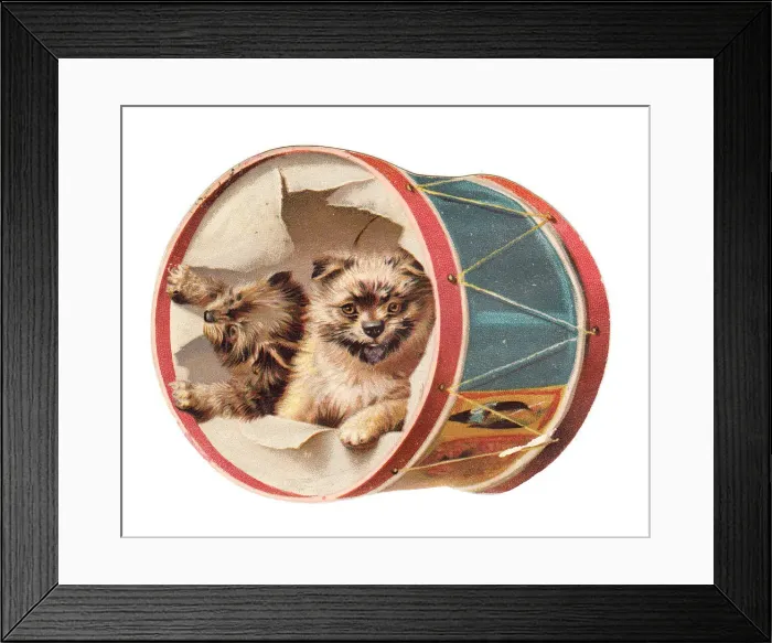 Framed Print : Christmas card in the shape of a drum with dogs Framed Print : Christmas card in the shape of a drum with dogs