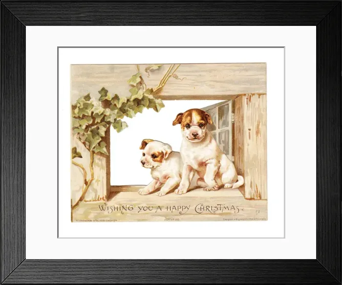 Framed Print : Two puppies in a window on a Christmas card Framed Print : Two puppies in a window on a Christmas card