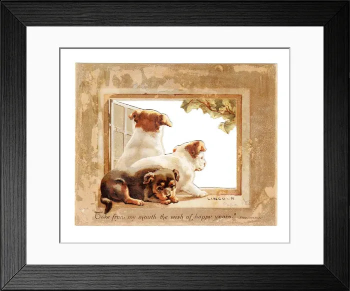 Framed Print : Three puppies in a window on a Christmas card Framed Print : Three puppies in a window on a Christmas card