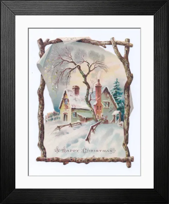 Framed Print : Snow scene with cottage on a Christmas card Framed Print : Snow scene with cottage on a Christmas card