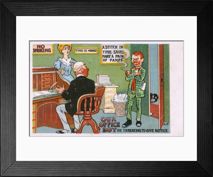 Framed Print : Office Boy burns his bridges and threatens to give notice Framed Print : Office Boy burns his bridges and threatens to give notice