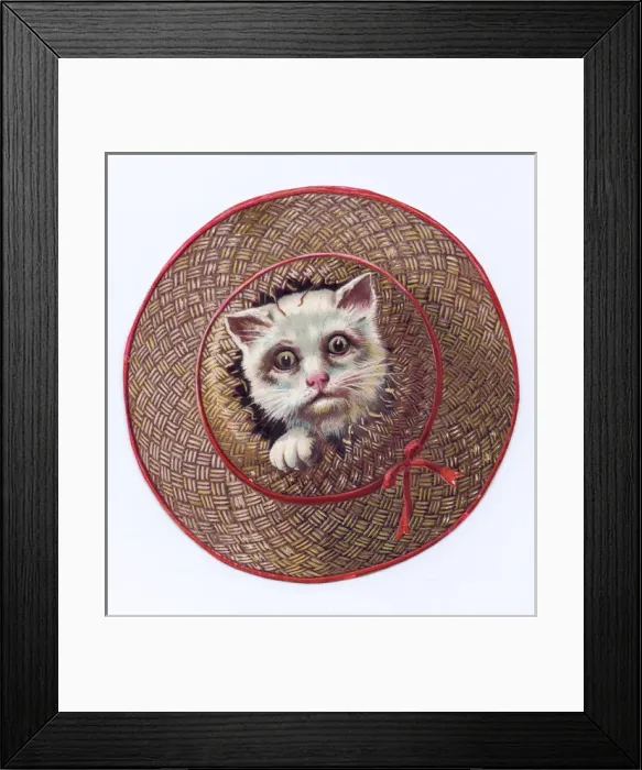 Framed Print : Kitten in a broken basket on a cutout greetings card Framed Print : Kitten in a broken basket on a cutout greetings card