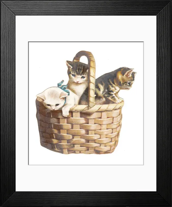 Framed Print : Three kittens in a basket on a cutout greetings card Framed Print : Three kittens in a basket on a cutout greetings card